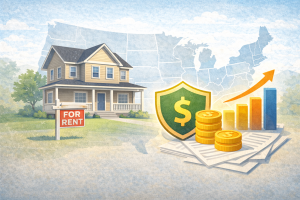 Illustration showing a rental property alongside financial symbols representing insurance cost analysis across the United States.