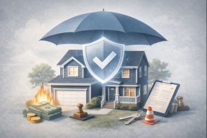 llustration of a rental home safeguarded by protective elements, representing insurance coverage for rental property owners.
