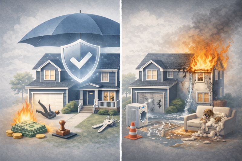 Illustration showing contrasting scenarios of protected and unprotected rental property risks.