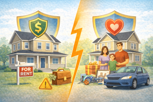 Illustration comparing a rental property and an owner-occupied home with different insurance protection concepts.