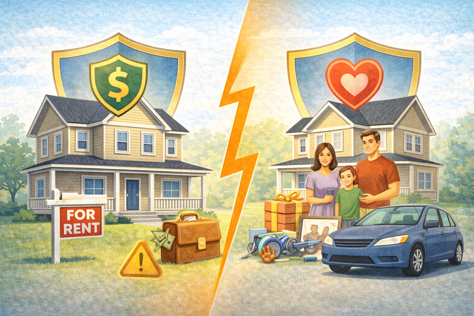 Illustration comparing a rental property and an owner-occupied home with different insurance protection concepts.